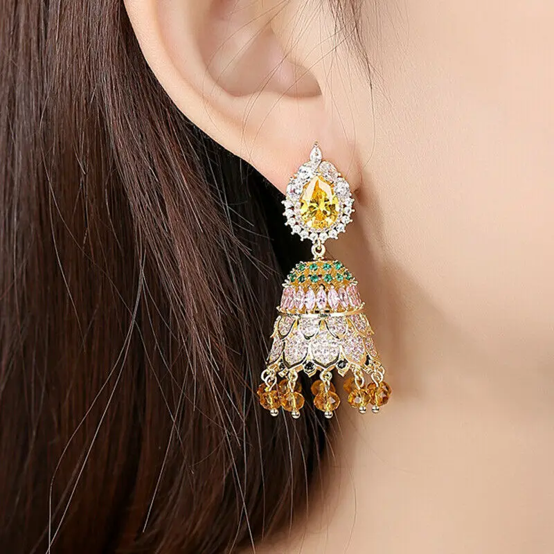 Женские индийские Jhumka Jhumki Висячие колокольчики серьги AAA кубический циркон