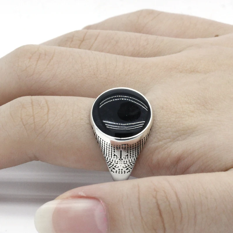 

Turkish Black Stone Ring 925 Sterling Silver Oval Black Enamel Rings Vintage Punk Style for Men Jewelry Thai Silver Jewelry