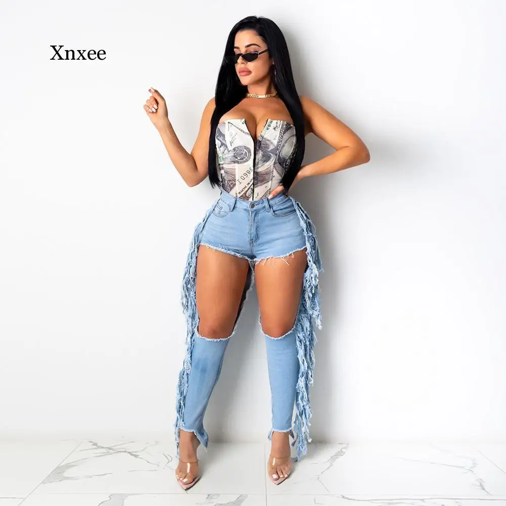 Женские рваные джинсы с бахромой синие джинсовые брюки карандаш и кисточками
