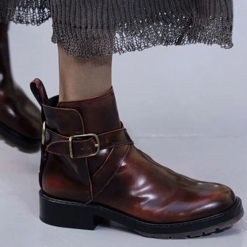 

2020 Newest Design Ankle Boots Women Round Toe Brown Black Real Leather Metal High Heel Botas De mujer Fashion Martin Boots