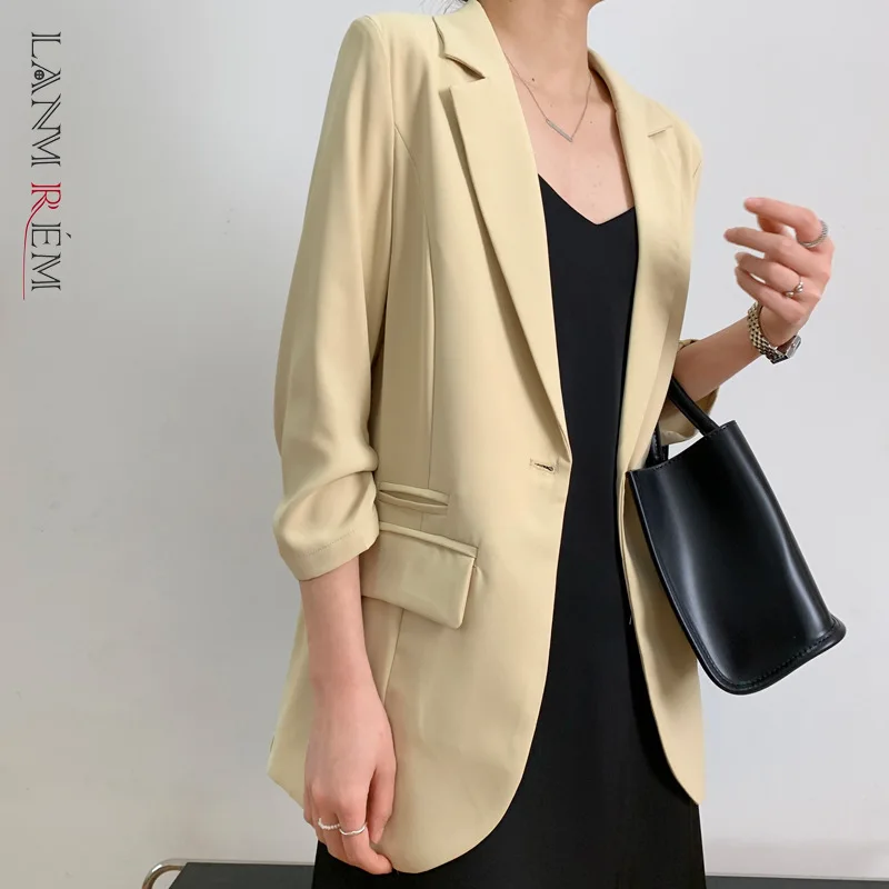 

LANMREM 2021 Autumn New Retro Solid Color Suit Coat Lapel Long Sleeve Single Button Casual Blazer Office Lady Fashion 2W546