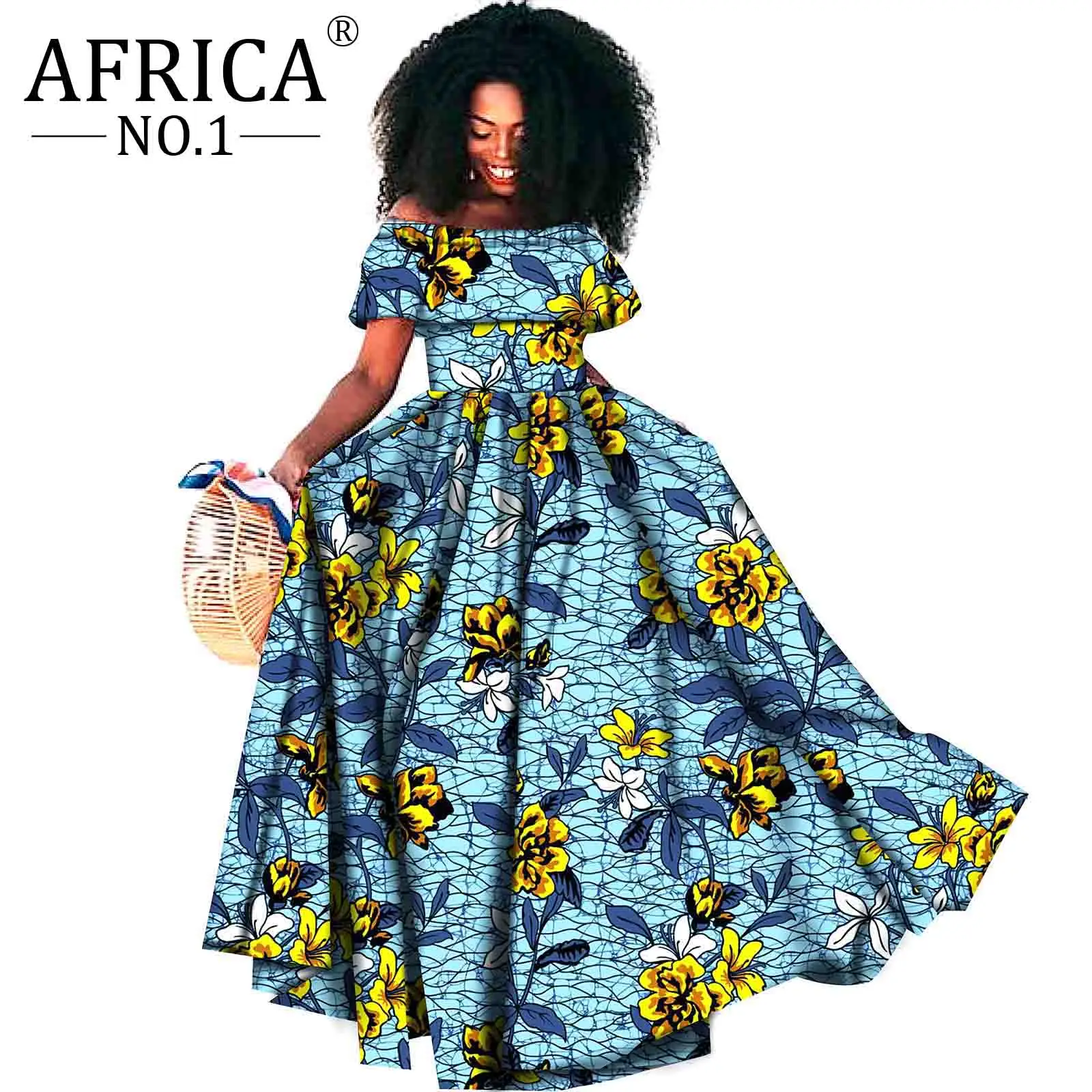 African Maxi Party dresses for Women Floor length Femme Robe off shoulder Slash neck Party wedding wear A-line dress S1925099