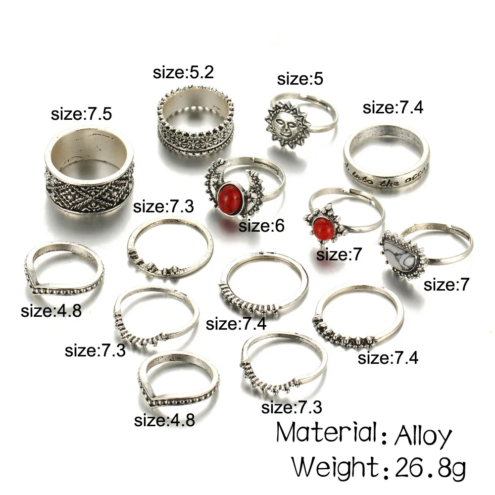 14pcs/Set Women Bohemian fashion high quality Vintage Silver Stack Rings Above Knuckle Blue Set jewelry accessories #10 | Украшения и