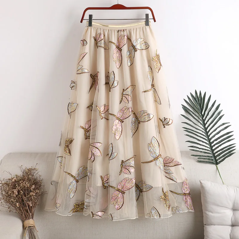

2021 Sweet Embroidered Pleated Tulle Skirt Women Summer A Line Long Skirts High Waist Sequined Planets Mesh Maxi Skirts Clothes
