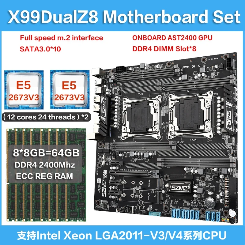 SZMZ-Conjunto de placa Base X99 Dual CPU LGA 2011-3, con 2 piezas E5 2673V3 y 8x8gb DDR4 2400MHZ ECC REG RAM X99, placa Base Xeon E5