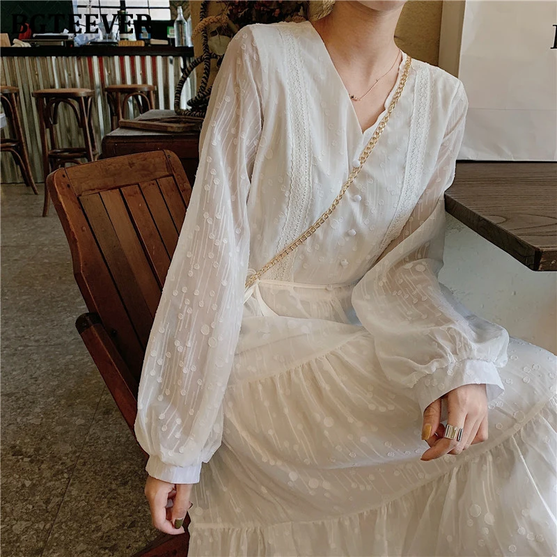 Платье BGTEEVER женское шифоновое в горошек длинное белое платье трапеция с завязкой