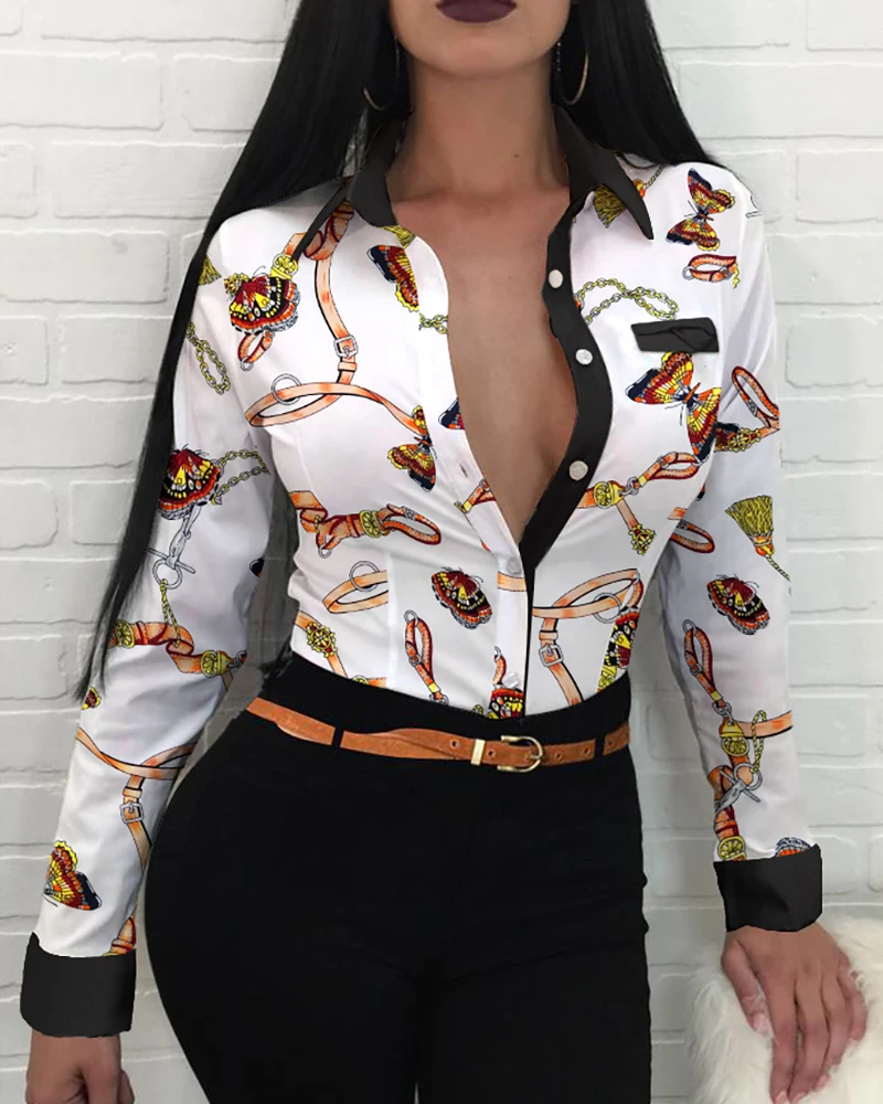 

Spring Autumn Women's Floral Shirt 2021 New Femme Chain Scarf Print Button Front Long Sleeve Shirt Office Ladies Elegant Outfits