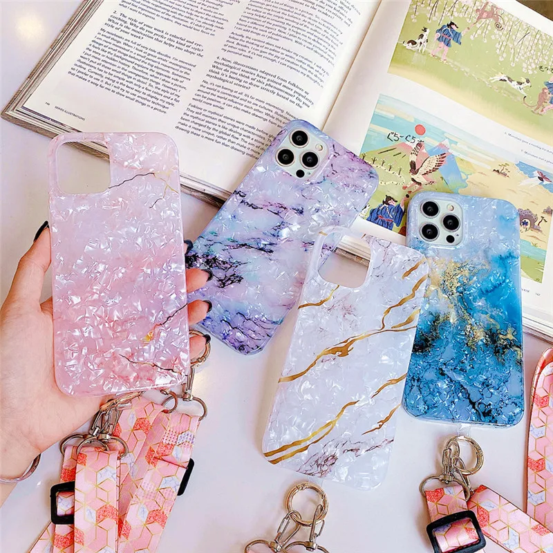 

Phone Case For iPhone 12 11 Pro Max XR XS Max 7 8 Plus X Dream Conch Glossy Marble Lanyard Soft IMD Full Body Back Cover Gift