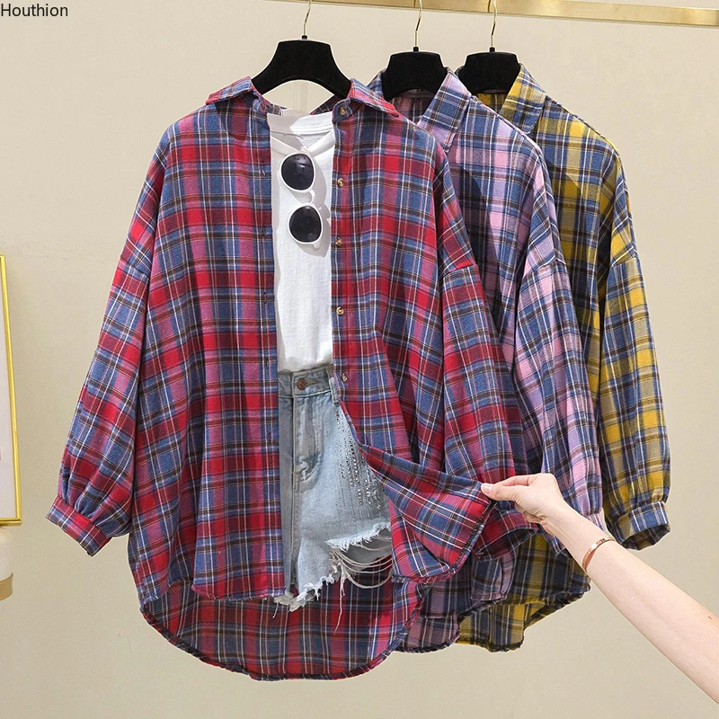 

Шифоновые женские блузки Houthion, корейская модная Повседневная Блузка, Топ с длинным рукавом, новинка весны/лета, клетчатая рубашка в стиле ре...