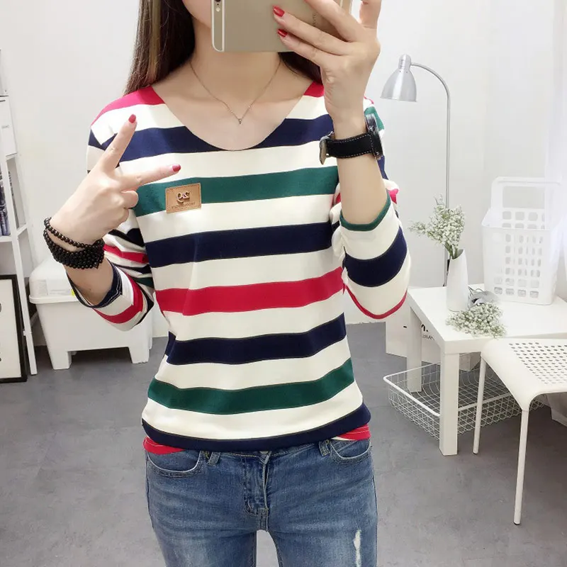 Женская Осенняя футболка с длинным рукавом в цветную полоску женская Свободная