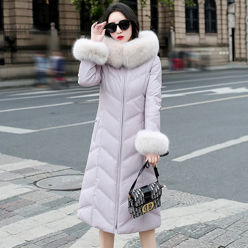 New Women Leather Down Jacket Autumn Winter 2022 Fashion Real Fox Fur Collar And Cuff Thick Warm Hooded Long Sheepskin Down Coat