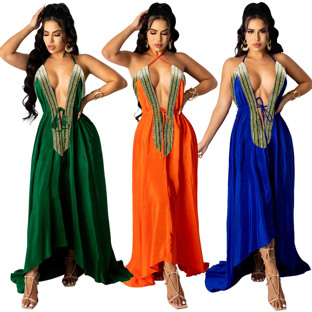 

luxurious Embroidery V-neck Bandage Lace Up Halter Maxi Long Dress for Women Elegant Vintage Sexy Backless Vestidos