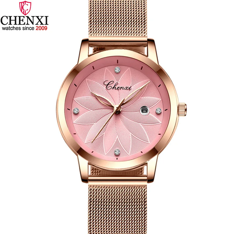 Элегантные модные женские часы цвета розового золота повседневные CHENXI