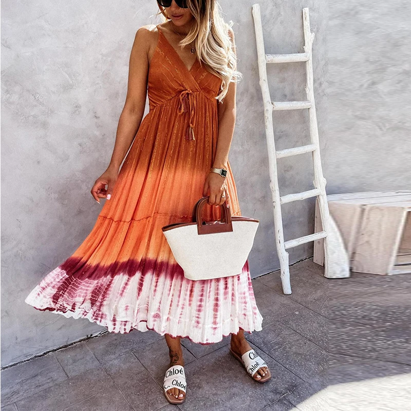 

Summer Fashion Tie-Dye Shiny Sling Backless Party Dresses Women Elegant Drawstring Draped Midi Dress Sexy Sleeveless Beach Dress