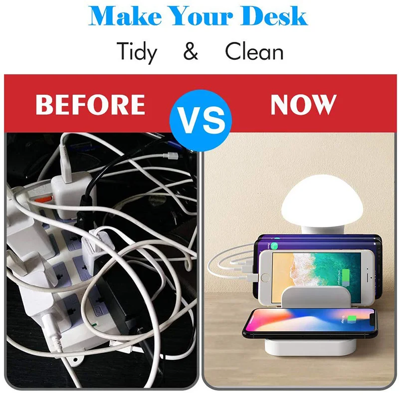 

USB Charging Station 3 USB Ports and 1 Qi Wireless Charging Pad for iPhone Ipad Samsung Android Phone Tablet with Night Light