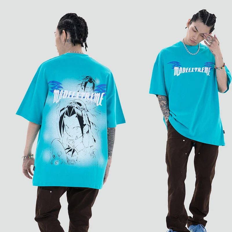 

Mens Letter Anime Print T Shirt Unisex Hiphop Short Sleeve Washed Shirts 2021 Summer O-Neck Oversize T shirts 100% Cotton Tops