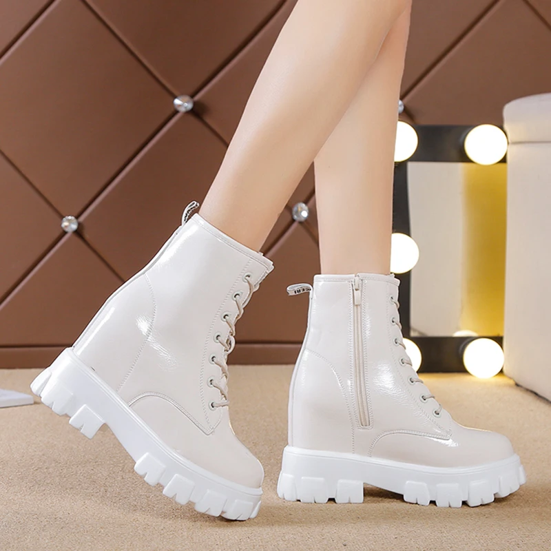 Rimocy Patent Leather Motorcycle Boots Women Hidden Wedge Platform Shoes Woman Waterproof Non-slip Winter Ankle Female |