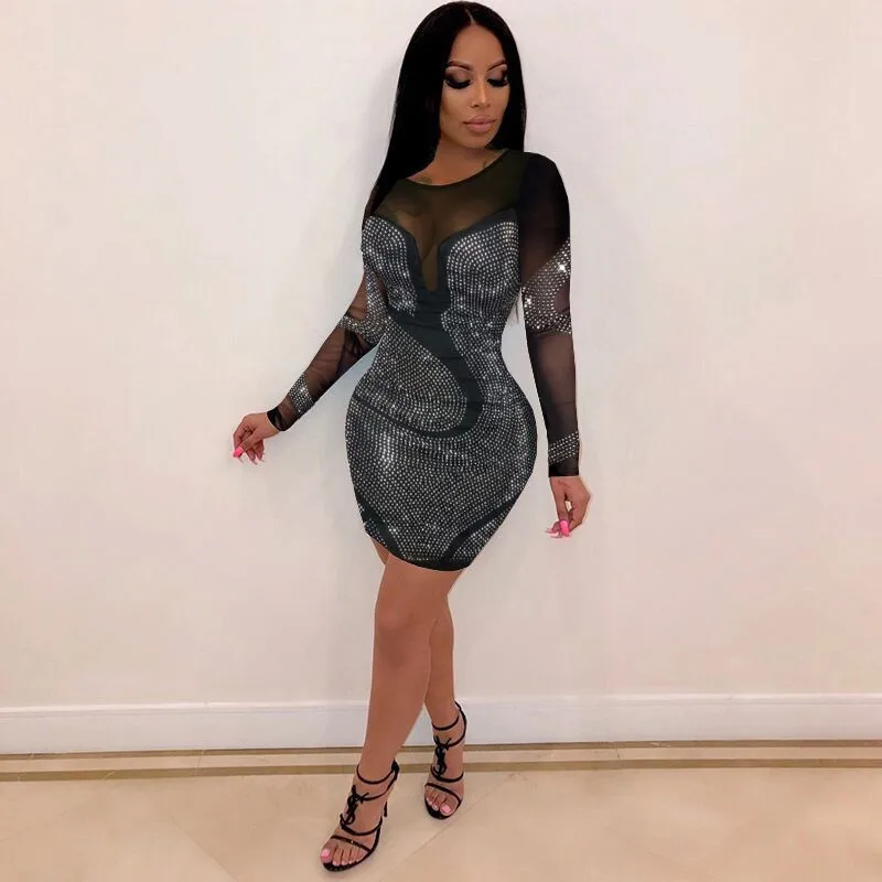 

Sexy See Through Women Dress Autumn Winter Long Sleeve O Neck Diamonds Mini Vestidos Mesh Patchwork Nightclub Party Dresses