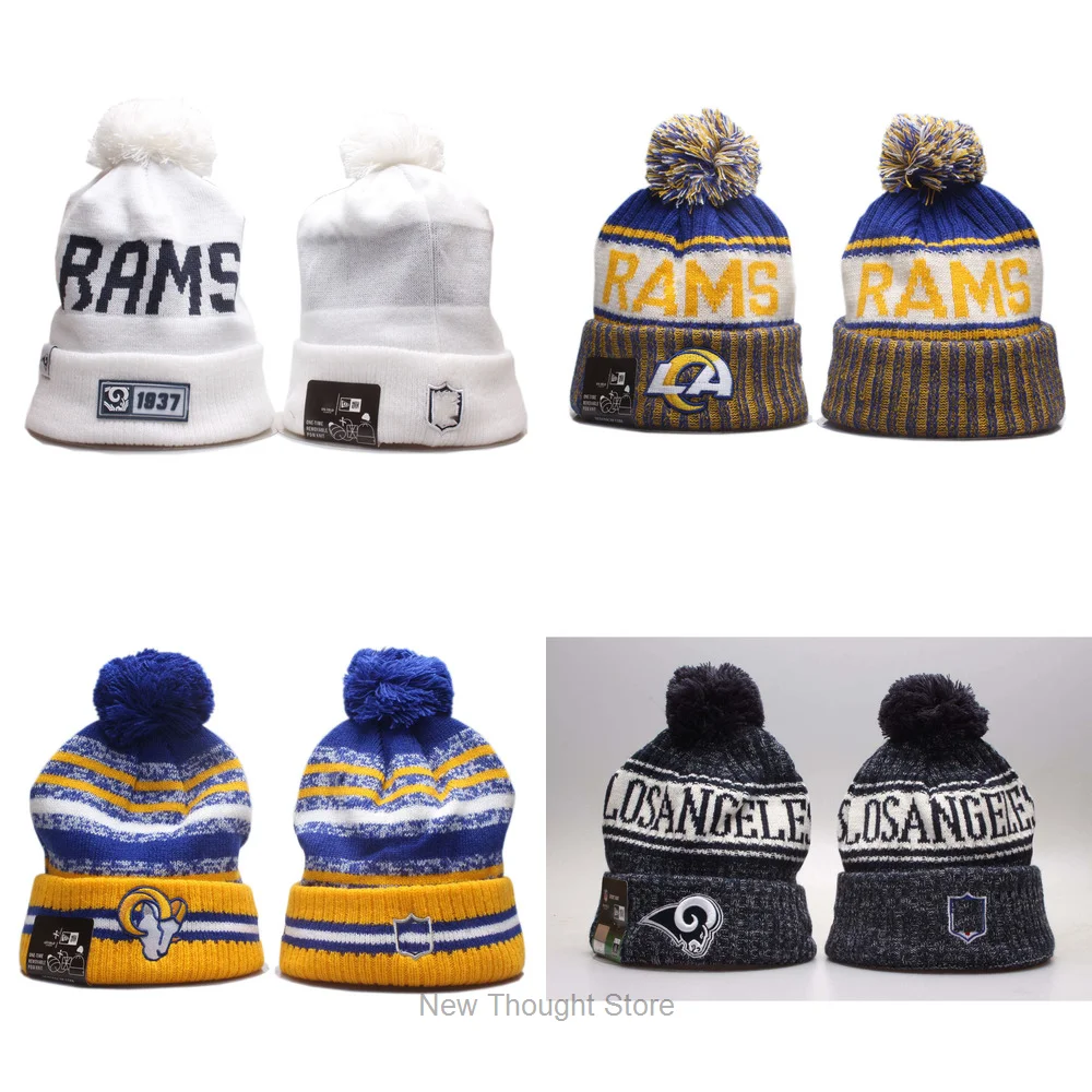 

Embroidery Los Angeles Knitted Hats Women Men Winter Cap Warm Skiing Beanies Cuffed Rams Knit Hat With Pom