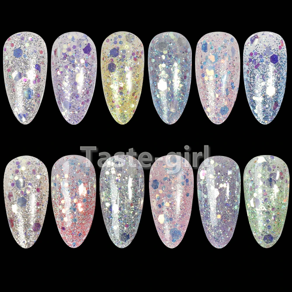 

12 Grids/Set nail supplies round hexagon holographic glitter nail art decorations decals meramid sequines nails accessories set
