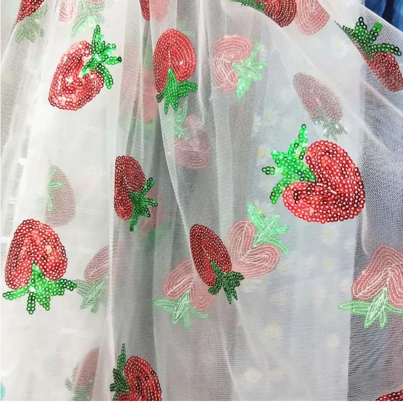 Мягкие полупрозрачные блестки сетчатая ткань с вышивкой клубники для свадебного