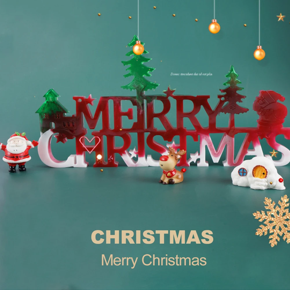 

New Hot DIY crystal epoxy resin mold Christmas listing decoration Merry Christmas English mirror silicone mold for resin