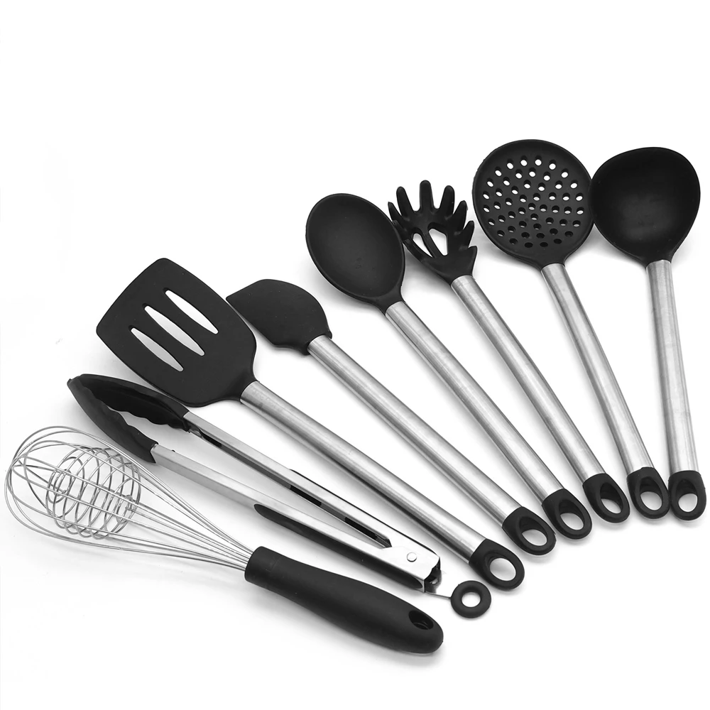 

Набор силиконовых кухонных принадлежностей из 9 предметов, антипригарная термостойкая посуда с ручкой из нержавеющей стали, кухонный инстр...