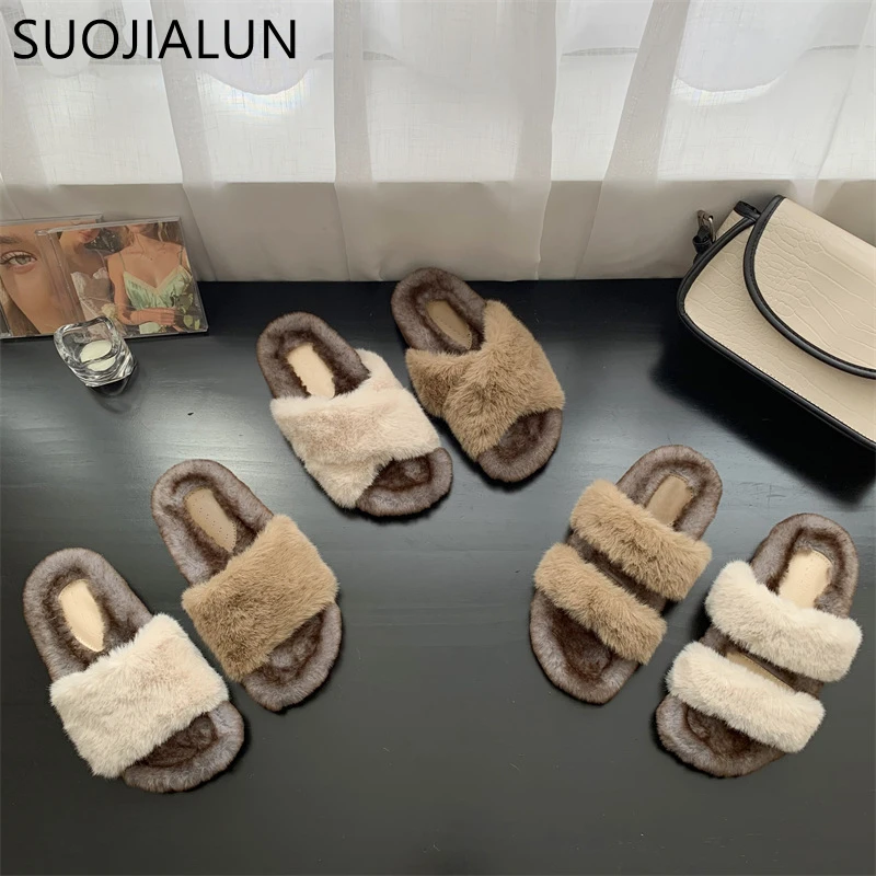 

SUOJIALUN 2022 Winter Fluffy Raccoon Fur Slippers Flat Heel Warm Plush Indoor Flip Flop Shoes Casual Ladies Outdoor Sandals Shoe