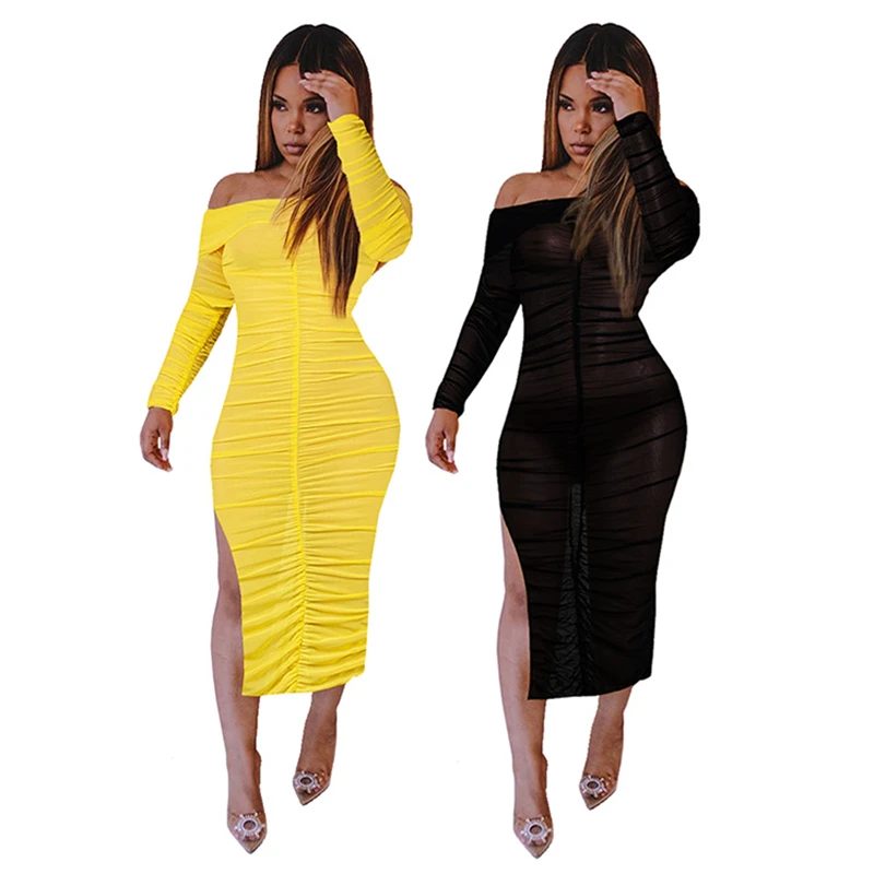 

2020 Autumn Women Sexy Pleated Sheer Mesh Dress Off Shoulder Long Sleeve High Slit Bodycon Midi Club Party Dresses