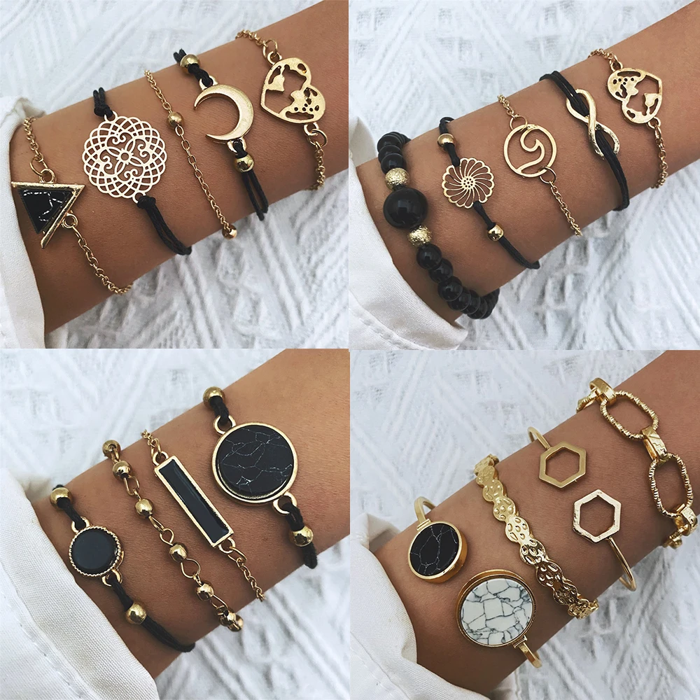 Новый Набор браслетов-цепочек в богемном стиле с черным бирюзовым узором любовь