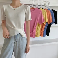 o neck short sleeved t shirt womens slim stretch knit top fashion criss cross sweater white black pink knitwear basic tops