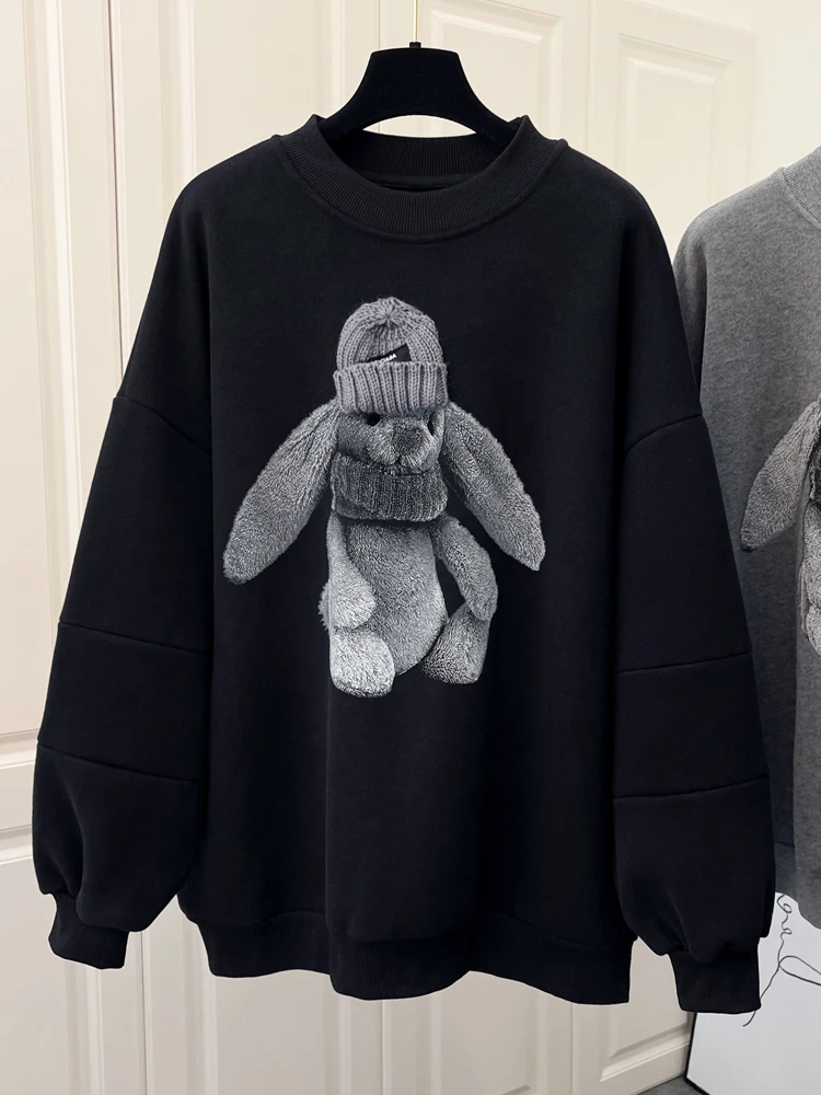 

2021 Autumn New Korean Style Fleece-Lined Bear Crew Neck Sweater Coat Loose Women's Top Autumn and Winter Thickening