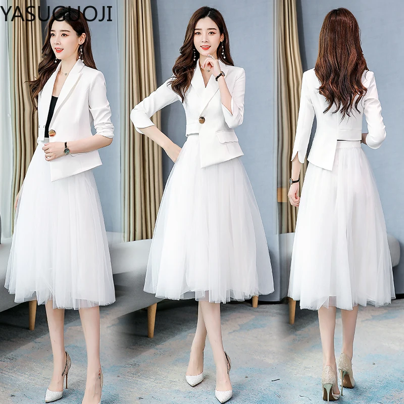 

YASUGUOJI New 2021 Fashion Irregularity Blazer with Mesh Skirt Suit Set Ladies Formal Blazer Skirt Set Jacket Skirt Suits Women