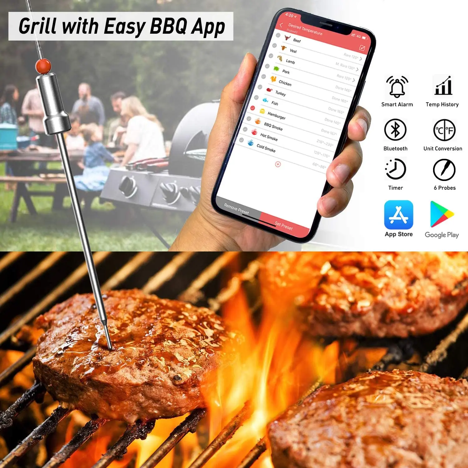 AidMax Pro02 Digital Wireless  Bluetooth Cooking Food Thermometer Smart BBQ for Kitchen Smoker Grill with Free App