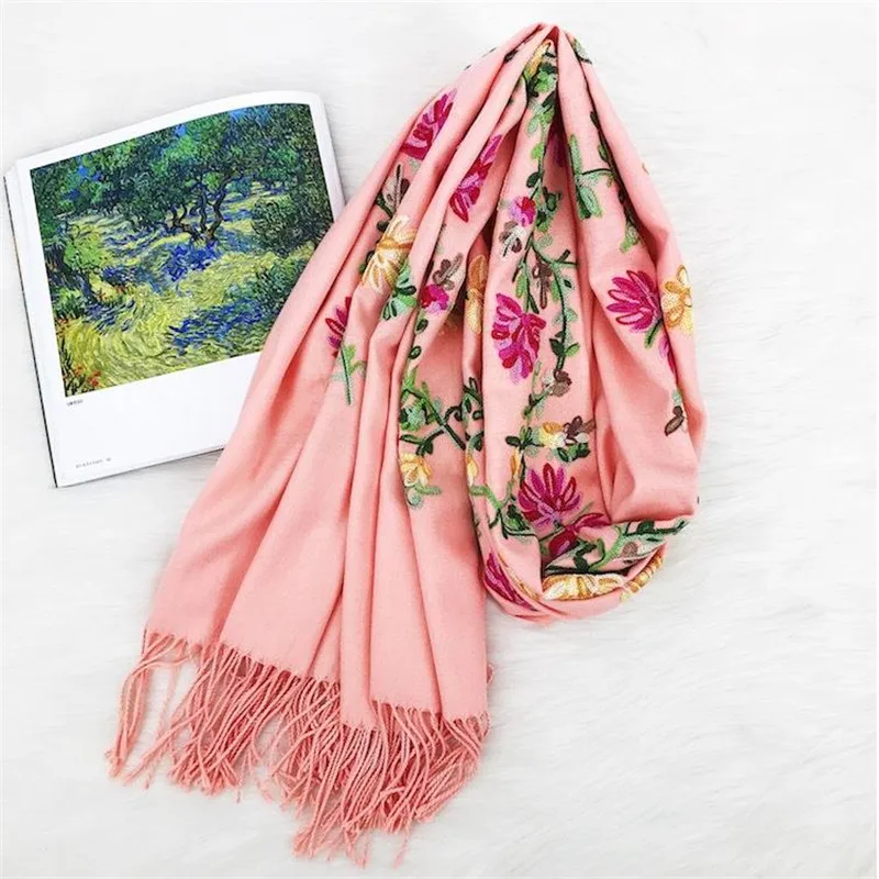 Новый женский шарф из искусственного кашемира с цветочной вышивкой толстый