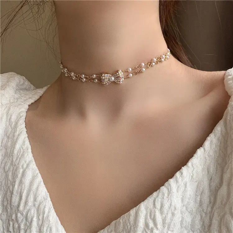 

BU-181 Pearl and diamond bowknot double-layer necklace retro court style temperament pendant forest personality pendant