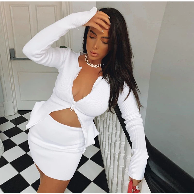 NewAsia White Sweater Women Sexy Double Zipper Cardigan Celebrity Wear Long Sleeve Split Cuff Short Knitted Tops Winter Clothes