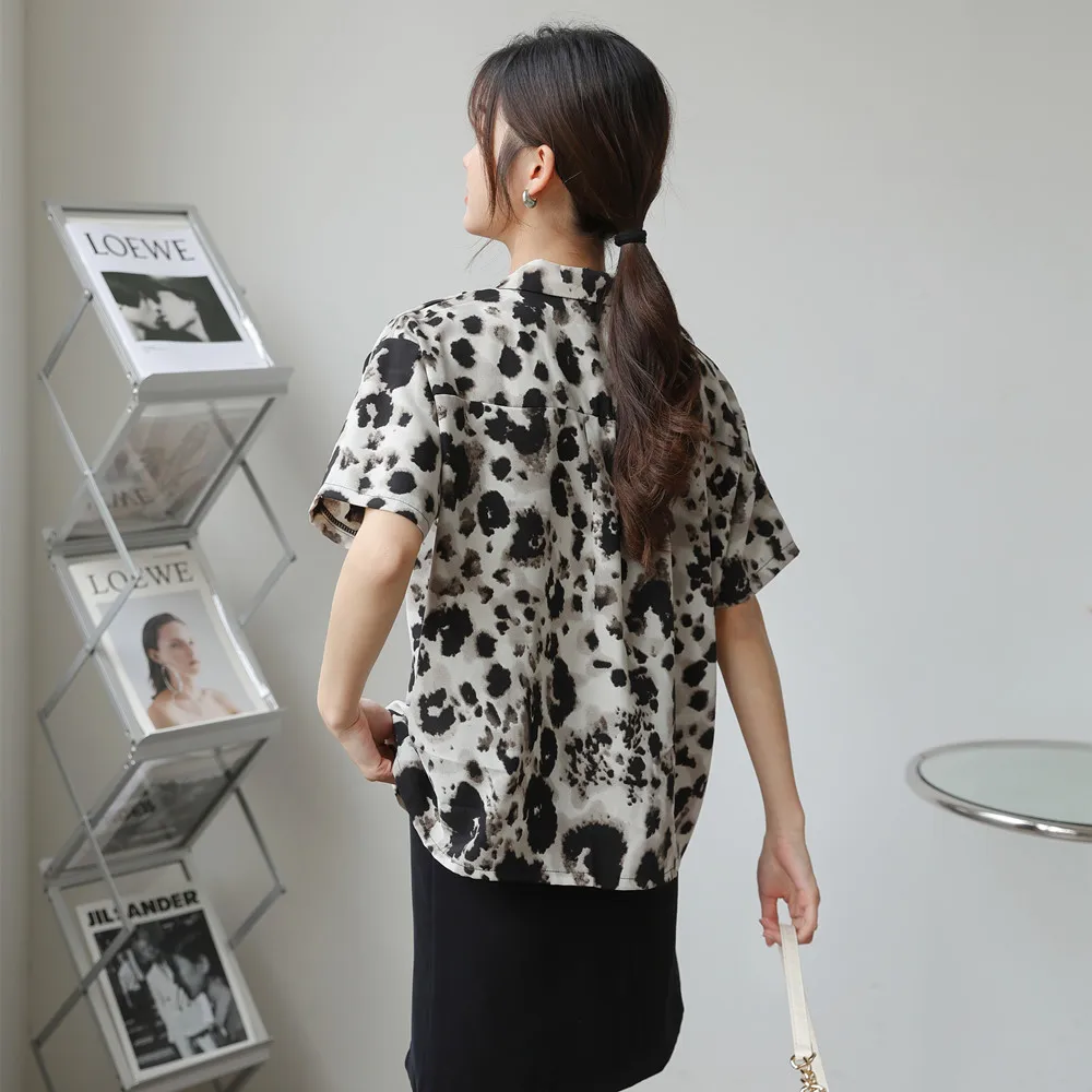 

Leopard Print Shirt Women Printed Dyed Shirt Office Ladies 2021 Summer Blouse Short Sleeve Plus Size Tops Chic Buttons
