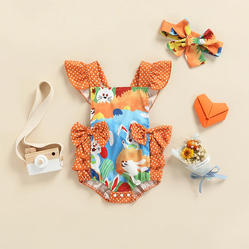 

Лето 2022, комбинезоны с летящими рукавами для новорожденных, короткие комбинезоны с принтом кролика и волнистыми точками, детская одежда