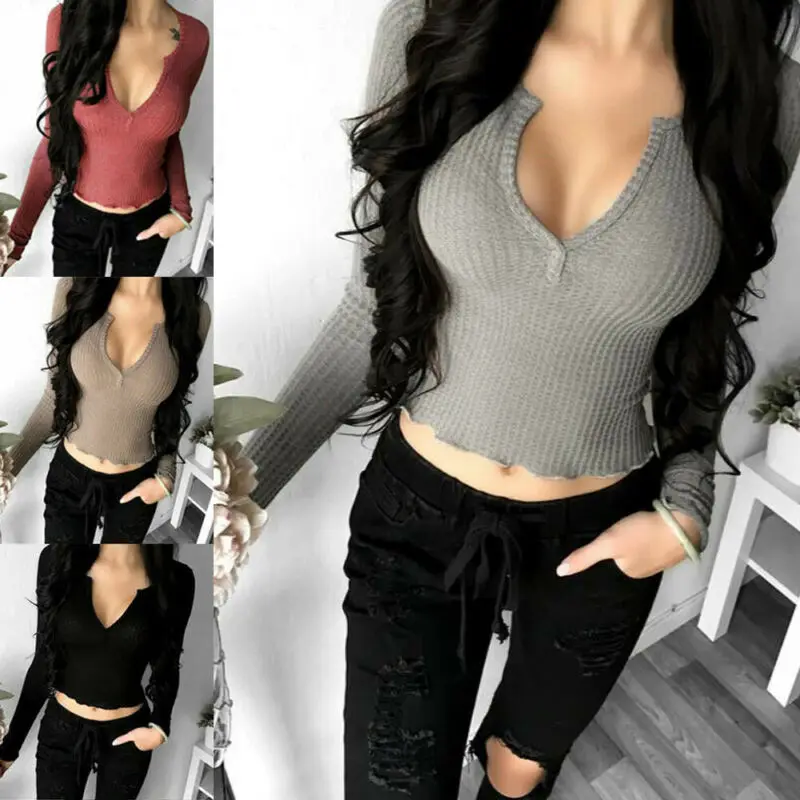 Женский Осенний короткий свитер с V-образным вырезом и длинным рукавом | Женская