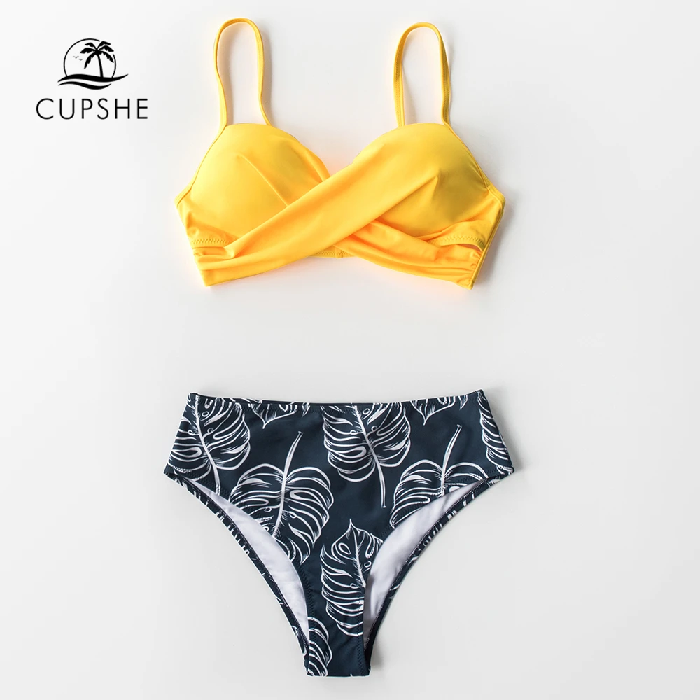 CUPSHE Yellow Twist-Front Palm Print High-Waisted Bikini Sets Sexy Swimsuit Two Pieces Swimwear Women 2020 Beach Bathing Suits | Женская