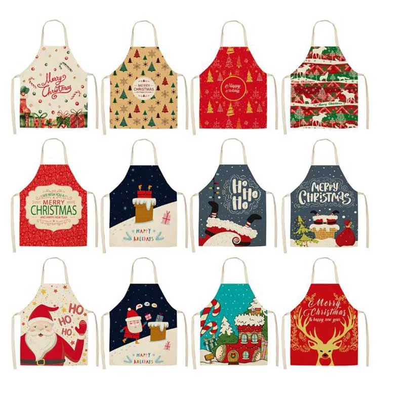 

Christmas Printed Women Kitchen Aprons Waterproof Cooking Oil-proof Cotton Linen Antifouling Chef Apron Man Kid Aprons