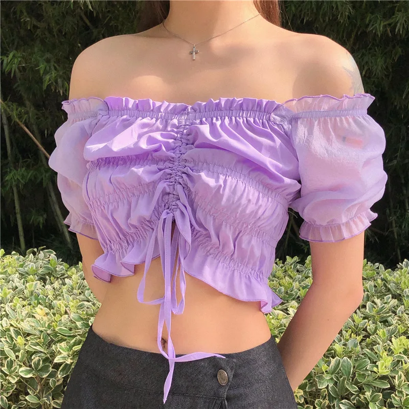 Женский укороченный топ MONMOIRA однотонный с рукавами фонариками и завязками