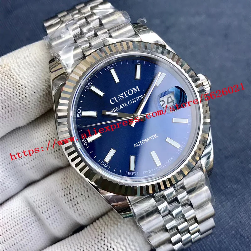 Мужские часы с календарем 40 мм серебристый полированный кристалл Безель синий