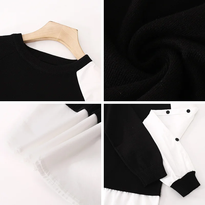

2020 High Quality Knitted Cotton Casual Women Hoodie Mock Two-Piece Jumpers Women Sweater Loose Patchwork Ladies Pullovers Tops