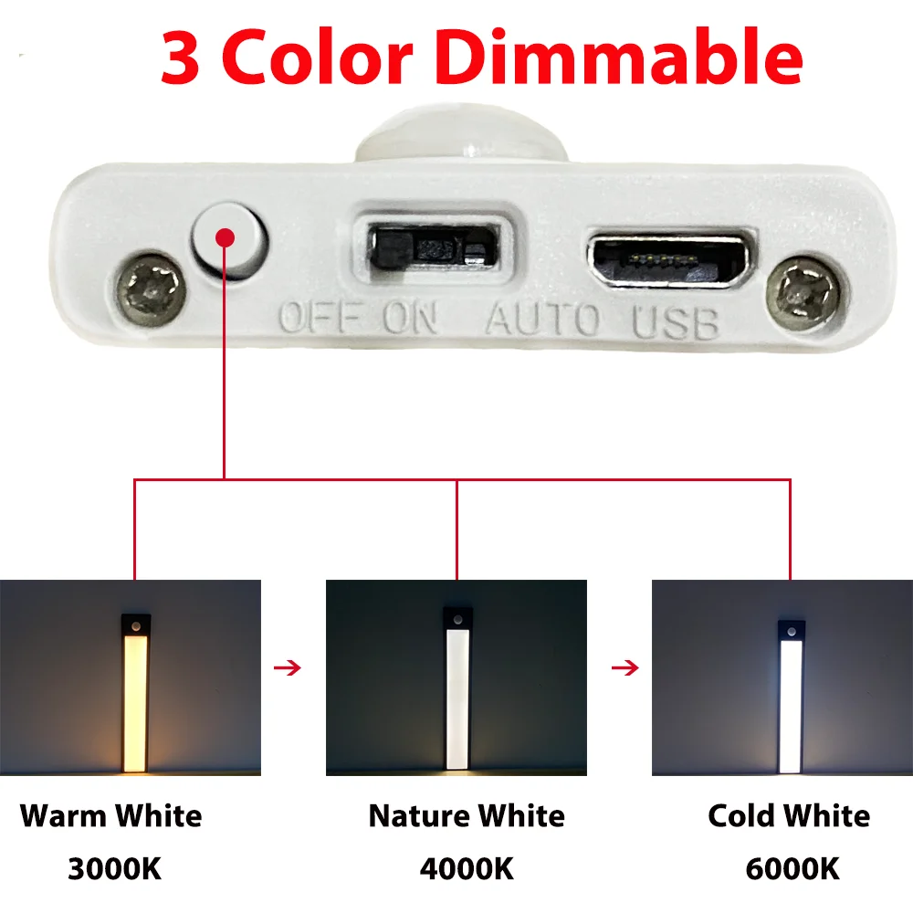 3 color dimmable cabinet light kitchen led lights pir motion sensor thermal led usb rechargeable aluminum shell lamp night light free global shipping