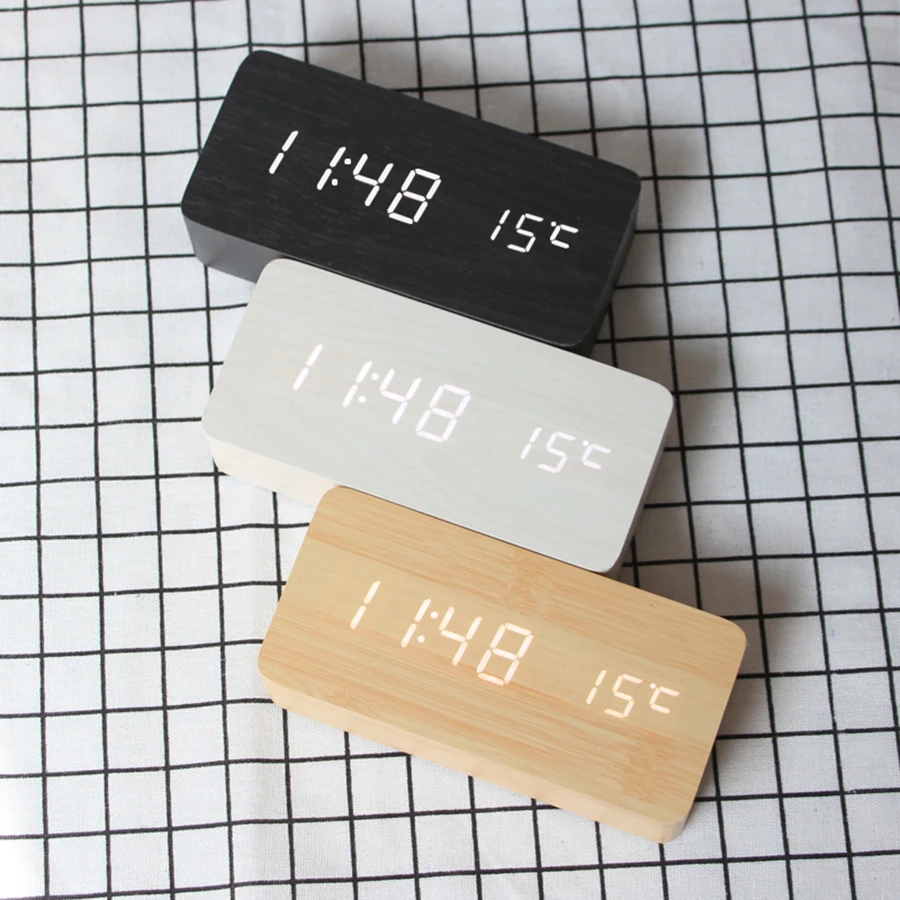 Деревянные светодиодные часы деревянные будильник календарь термометр