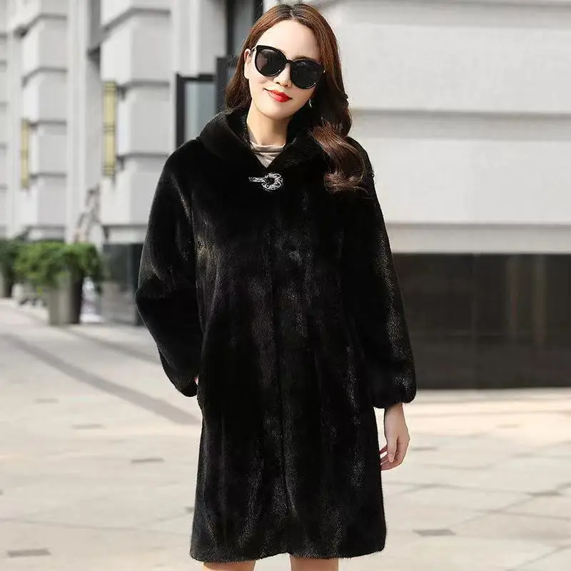 

Winter Hooded Plus Size Mink Fur Coats Women Long Casual Loose Single Breasted Mink Windbreaker Mom Thick Warm Vintage Outerwear