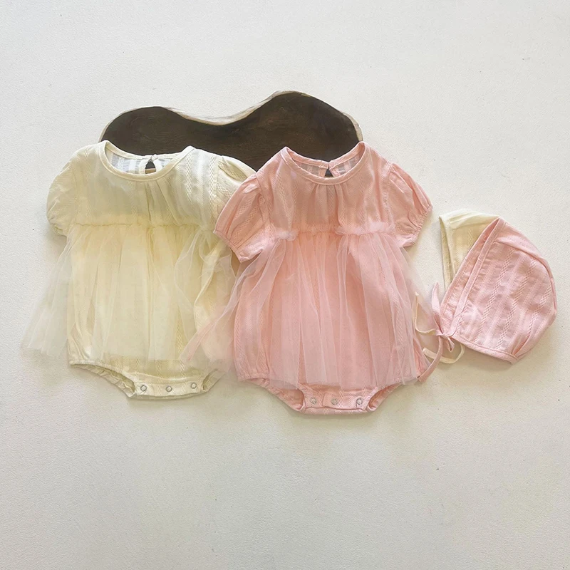 

Infant Baby Girls Jumpsuit Summer Newborn Baby Girl Lace Stitching Princess Dress Bodysuits+Hat Baby Girls Clothes