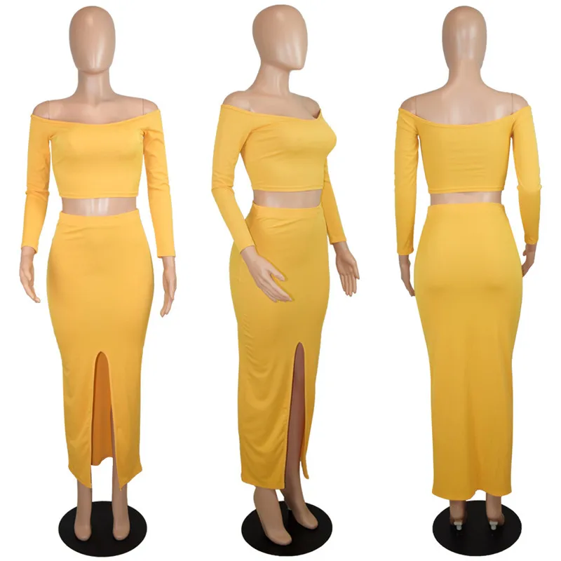 

Tracksuit Women Two Piece Set Spring Autumn Tracksuits Slash Neck Full Sleeve Crop Top And Skirt Suit Solid Knitted Female Suits